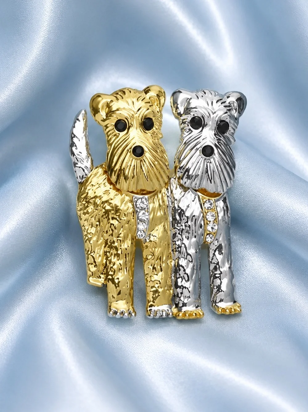 Cute Terrier Dog Gold & Silver Crystal Puppy Statement Brooch